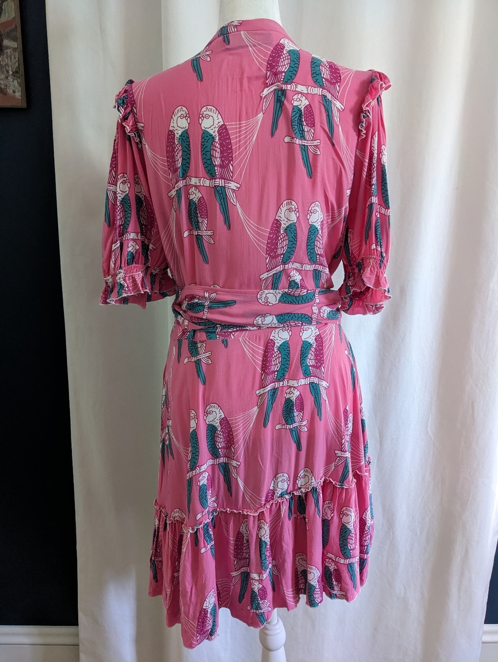 Feather & Find Boho Luxe Floral Tiered Wrap Mini Dress Pink Parrot Large - Picture 7 of 11